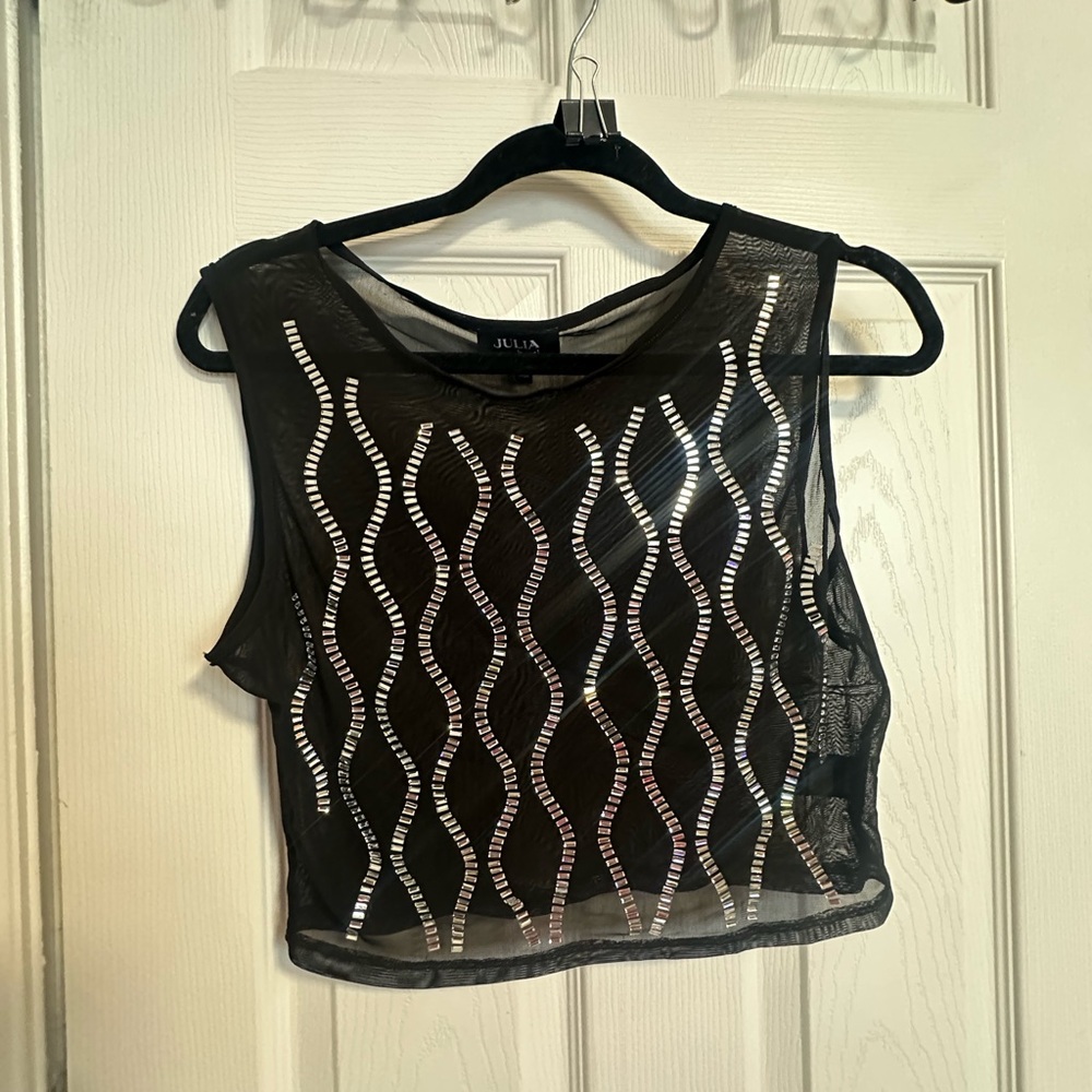 Julia Black Mesh Crop Top with Silver Details